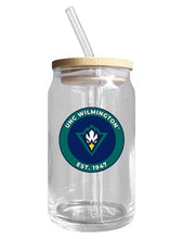 Load image into Gallery viewer, North Carolina Wilmington NCAA 12 oz can-shaped glass, featuring a refined design ideal for showcasing team pride and enjoying beverages on game days, mother&#39;s day gift, father&#39;s day gift, alumni gift, graduation gift, admission gift.
