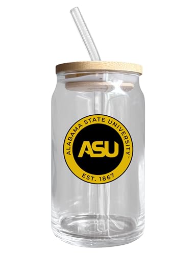 Alabama State University NCAA 12 oz can-shaped glass, featuring a refined design ideal for showcasing team pride and enjoying beverages on game days, mother's day gift, father's day gift, alumni gift, graduation gift, admission gift.