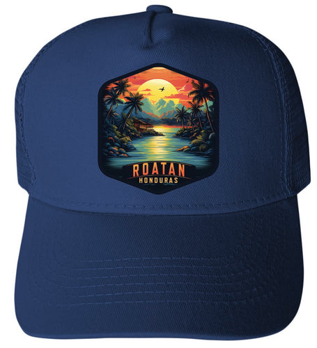 Roatan Honduras Design A Navy Unisex Mesh Back Trucker Hat with Adjustable Snapback 4-Pack