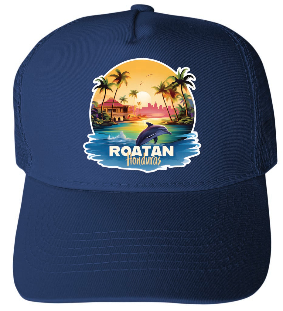 Roatan Honduras Design B Navy Unisex Mesh Back Trucker Hat with Adjustable Snapback 4-Pack