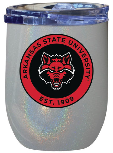 Arkansas State 12 oz Insulated Wine Stainless Steel Tumbler Rainbow Glitter Gray Officially Licensed Collegiate Product Rainbow Glitter Gray