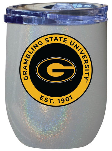 Grambling State Tigers 12 oz Insulated Wine Stainless Steel Tumbler Rainbow Glitter Gray Officially Licensed Collegiate Product Rainbow Glitter Gray