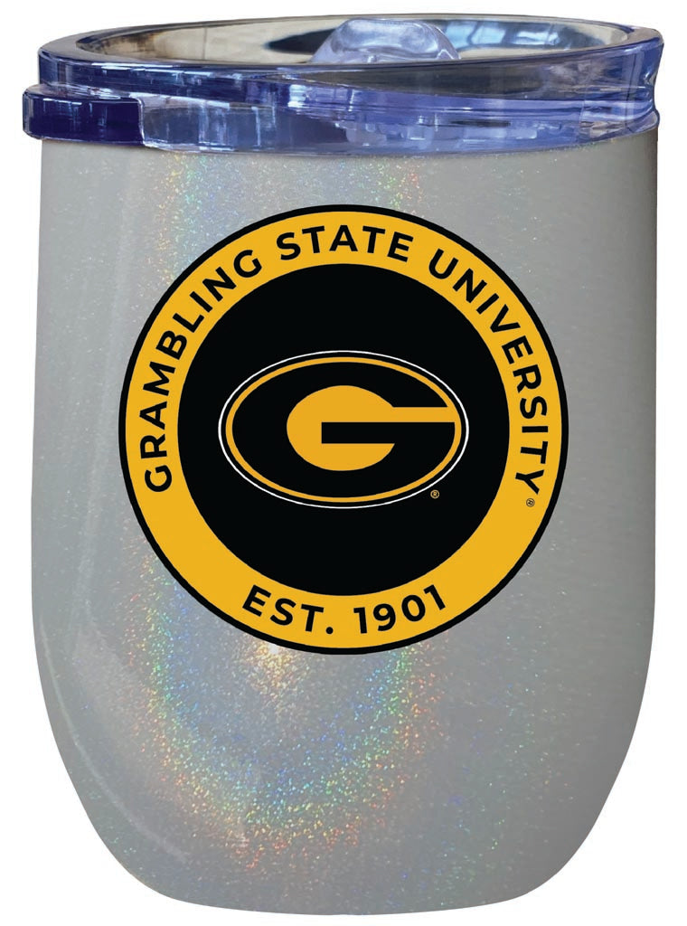 Grambling State Tigers 12 oz Insulated Wine Stainless Steel Tumbler Rainbow Glitter Gray Officially Licensed Collegiate Product Rainbow Glitter Gray