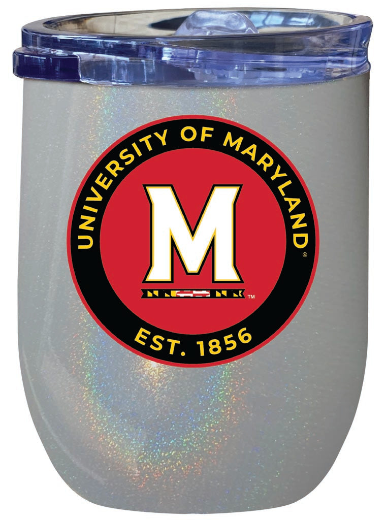 Maryland Terrapins 12 oz Insulated Wine Stainless Steel Tumbler Rainbow Glitter Gray Officially Licensed Collegiate Product Rainbow Glitter Gray