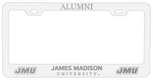 Load image into Gallery viewer, James Madison Dukes Alumni Engraved Metal License Plate Frame White Officially Licensed
