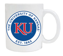 Load image into Gallery viewer, Kansas Jayhawks 12 oz White Ceramic Coffee Mug Circle Design Officially Licensed Collegiate Product
