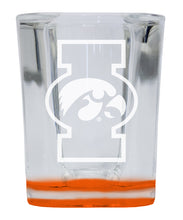 Load image into Gallery viewer, Iowa Hawkeyes 2 Ounce Engraved Shot Glass Square Orange Base Officially Licensed Collegiate Product 4-Pack
