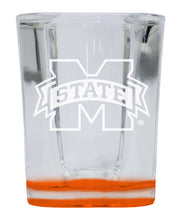 Load image into Gallery viewer, Mississippi State Bulldogs 2 Ounce Engraved Shot Glass Square Orange Base Officially Licensed Collegiate Product 2-Pack
