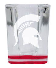 Load image into Gallery viewer, Michigan State Spartans 2 Ounce Engraved Shot Glass Square Red Base Officially Licensed Collegiate Product 4-Pack
