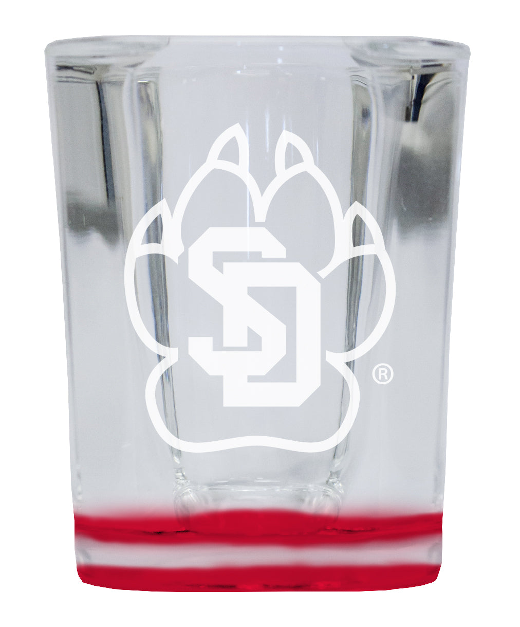 South Dakota Coyotes 2 Ounce Engraved Shot Glass Square Red Base Officially Licensed Collegiate Product 2-Pack