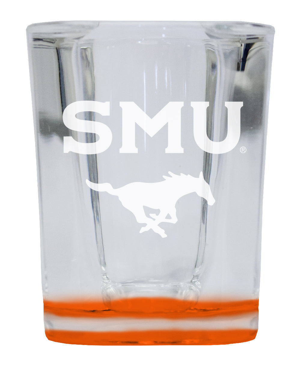 Southern Methodist University 2 Ounce Engraved Shot Glass Square Orange Base Officially Licensed Collegiate Product 2-Pack