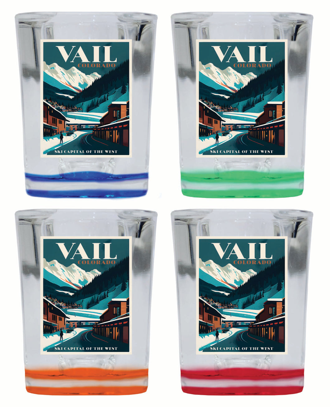 Vail Colorado Design B Souvenir 2 Ounce Shot Glass Square 4-Pack Multicolor 