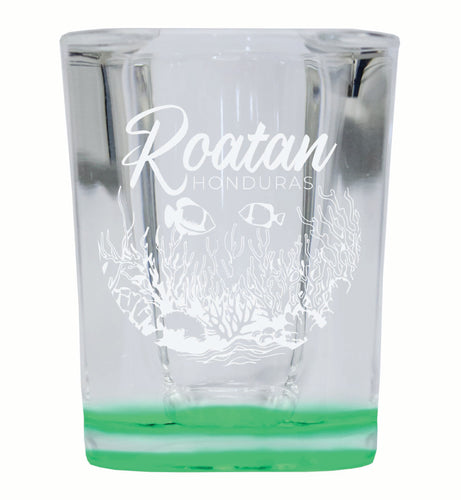 Roatan Honduras Souvenir 2 Ounce Engraved Shot Glass Square Green Base 4-Pack