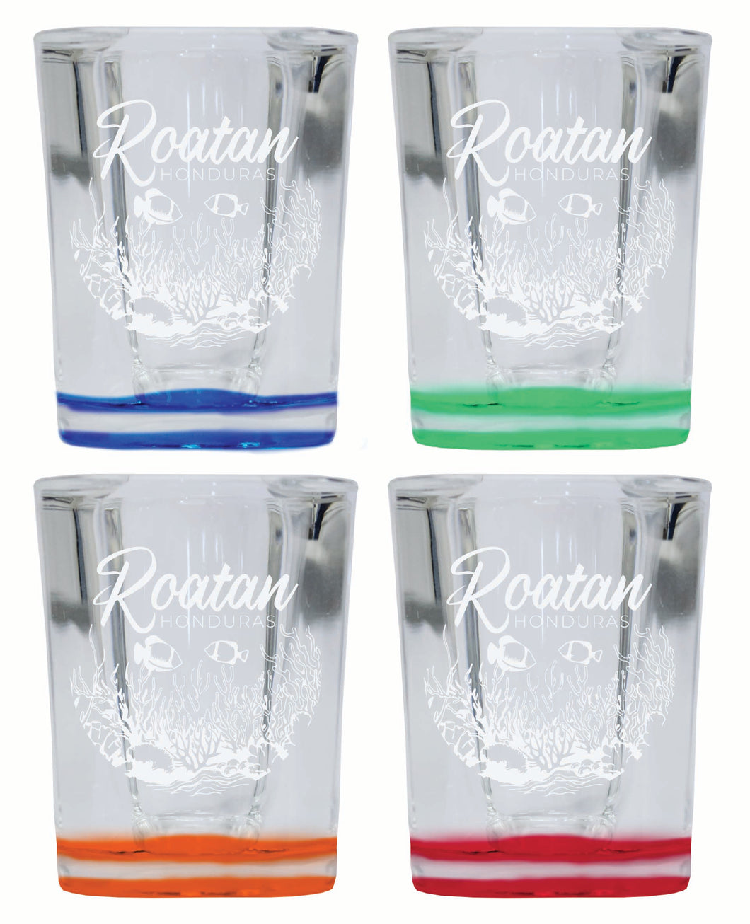 Roatan Honduras Souvenir 2 Ounce Engraved Shot Glass Square 4-Pack Multicolor 