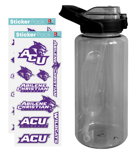 Abilene Christian University Waterproof Stickers with 64 oz Large Water Bottle with Screw-on Top and Straw Officially Licensed Product Single