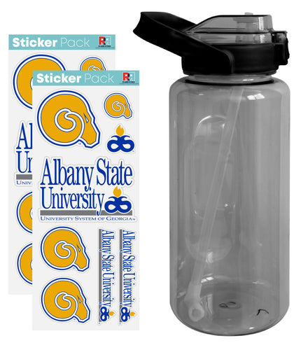 Albany State University Waterproof Stickers with 64 oz Large Water Bottle with Screw-on Top and Straw Officially Licensed Product Single