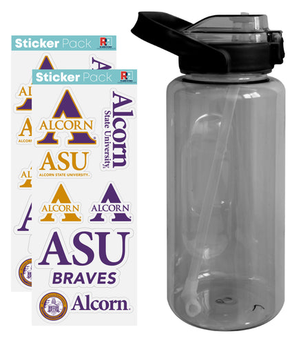 Alcorn State Braves Waterproof Stickers with 64 oz Large Water Bottle with Screw-on Top and Straw Officially Licensed Product Single