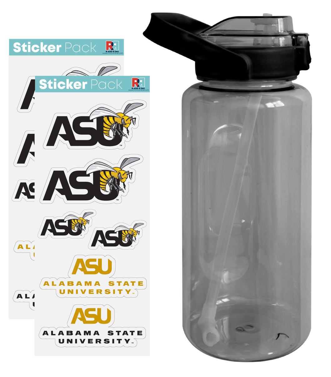 Alabama State University Waterproof Stickers with 64 oz Large Water Bottle with Screw-on Top and Straw Officially Licensed Product 4-Pack