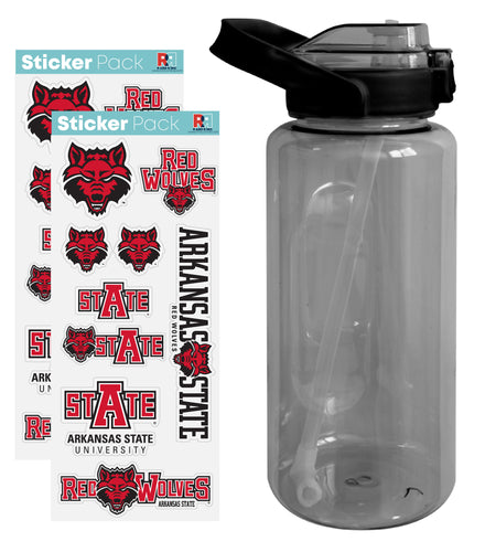 Arkansas State Waterproof Stickers with 64 oz Large Water Bottle with Screw-on Top and Straw Officially Licensed Product 4-Pack