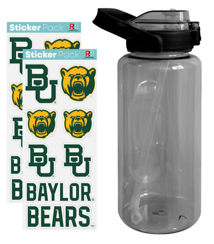 Baylor Bears Waterproof Stickers with 64 oz Large Water Bottle with Screw-on Top and Straw Officially Licensed Product Single