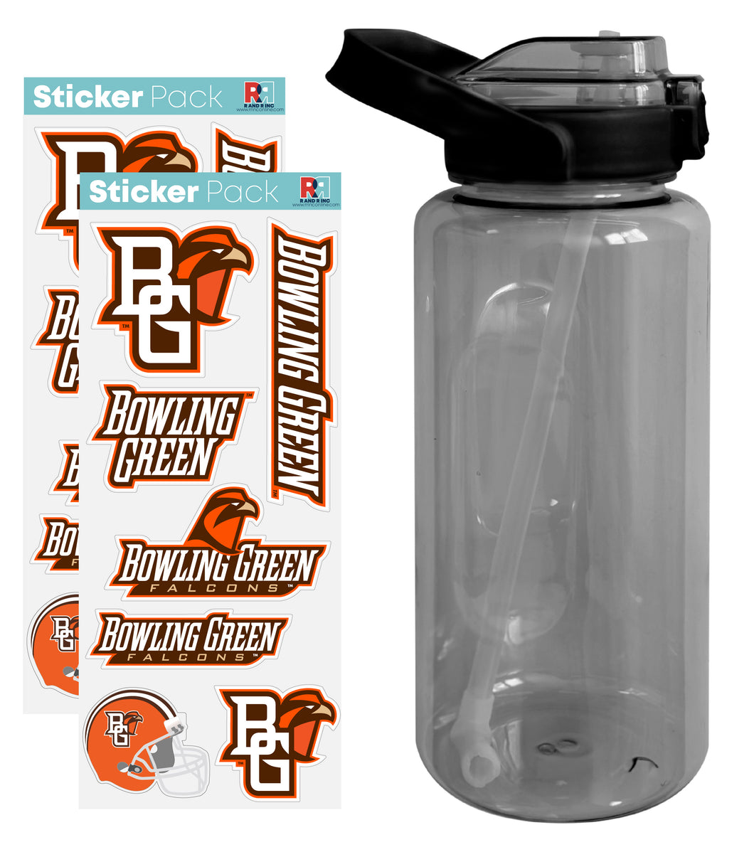 Bowling Green Falcons Waterproof Stickers with 64 oz Large Water Bottle with Screw-on Top and Straw Officially Licensed Product Single