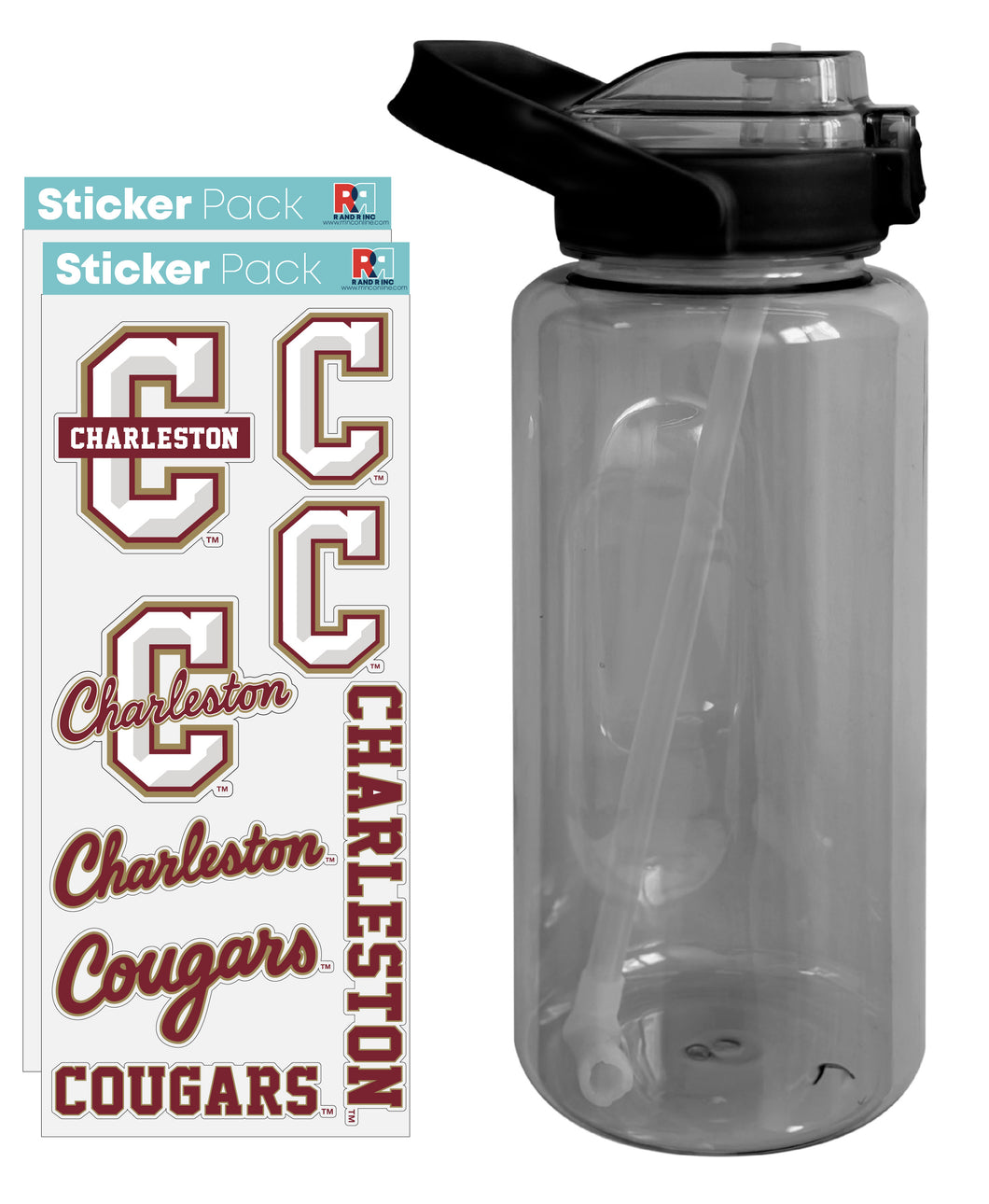 College of Charleston Waterproof Stickers with 64 oz Large Water Bottle with Screw-on Top and Straw Officially Licensed Product Single