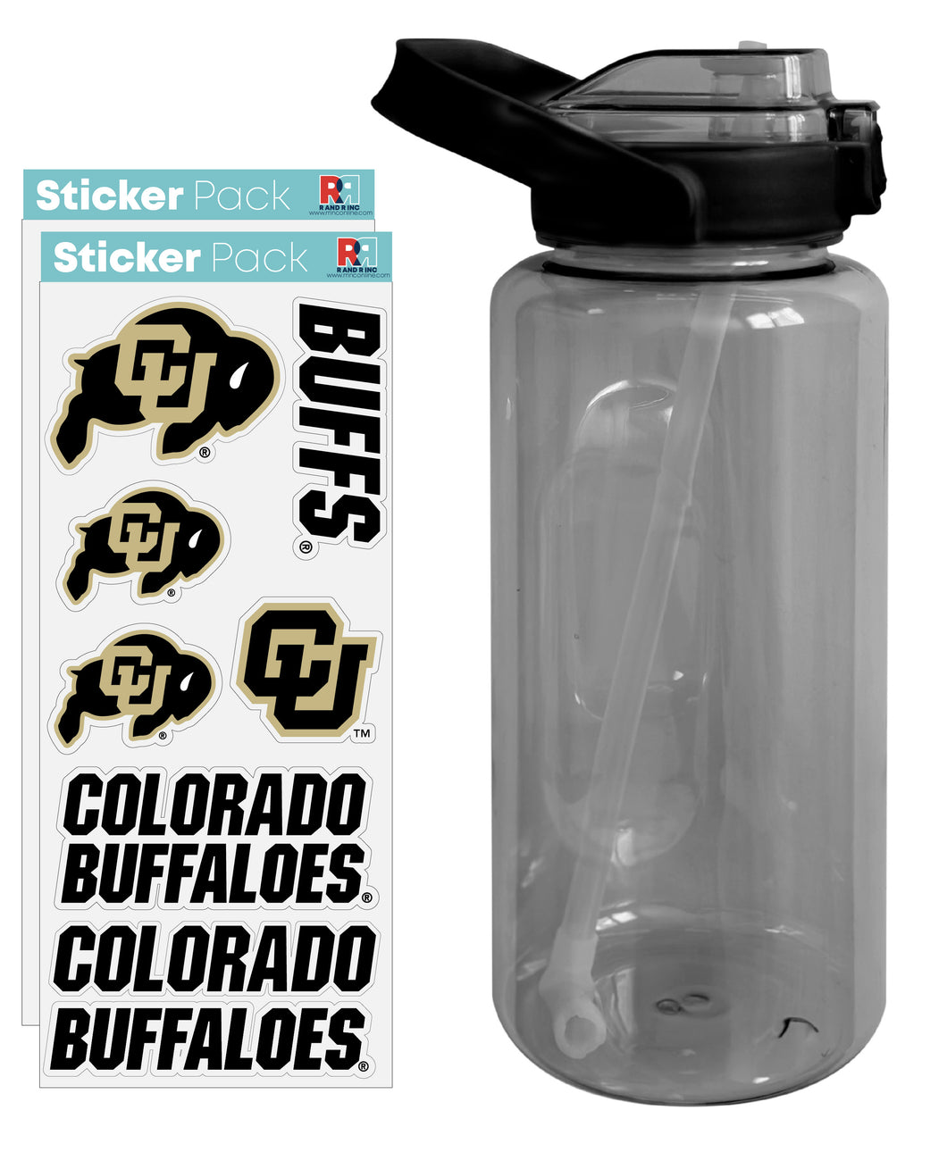 Colorado Buffaloes Waterproof Stickers with 64 oz Large Water Bottle with Screw-on Top and Straw Officially Licensed Product Single