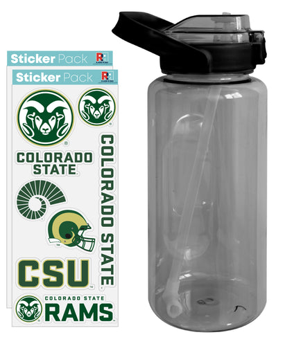 Colorado State Rams Waterproof Stickers with 64 oz Large Water Bottle with Screw-on Top and Straw Officially Licensed Product Single