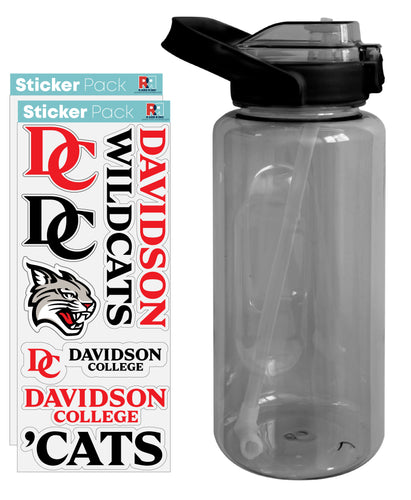 Davidson College Waterproof Stickers with 64 oz Large Water Bottle with Screw-on Top and Straw Officially Licensed Product 2-Pack