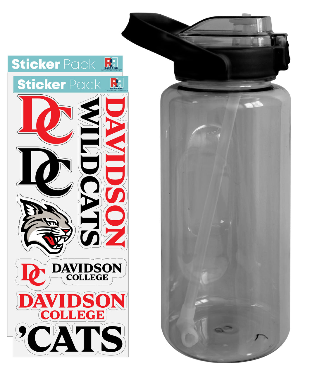 Davidson College Waterproof Stickers with 64 oz Large Water Bottle with Screw-on Top and Straw Officially Licensed Product 2-Pack