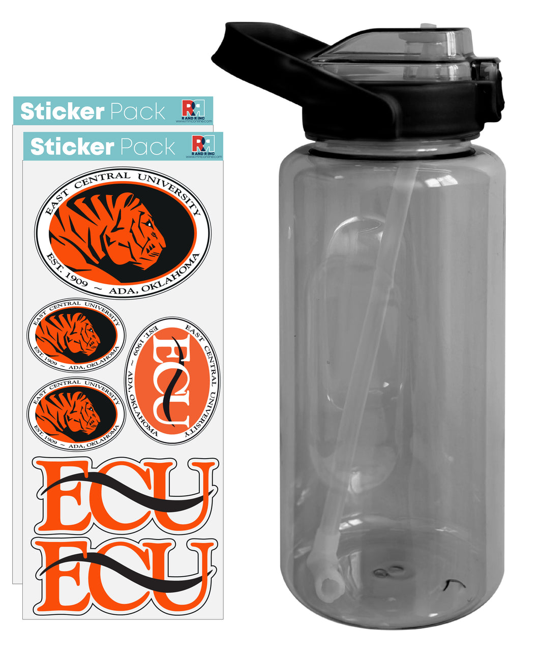 East Central University Tigers Waterproof Stickers with 64 oz Large Water Bottle with Screw-on Top and Straw Officially Licensed Product Single