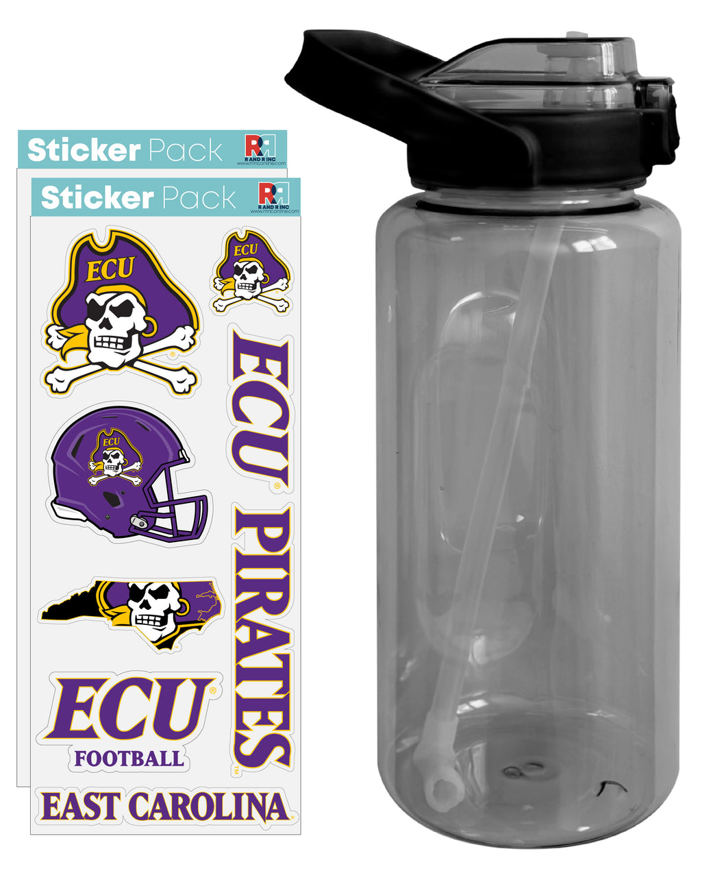 East Carolina Pirates Waterproof Stickers with 64 oz Large Water Bottle with Screw-on Top and Straw Officially Licensed Product 2-Pack