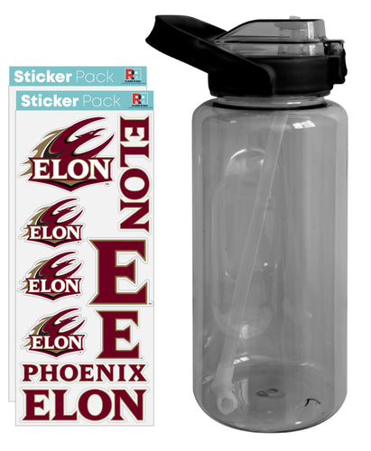 Elon University Waterproof Stickers with 64 oz Large Water Bottle with Screw-on Top and Straw Officially Licensed Product Single