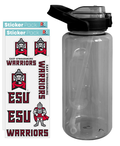 East Stroudsburg University Waterproof Stickers with 64 oz Large Water Bottle with Screw-on Top and Straw Officially Licensed Product Single