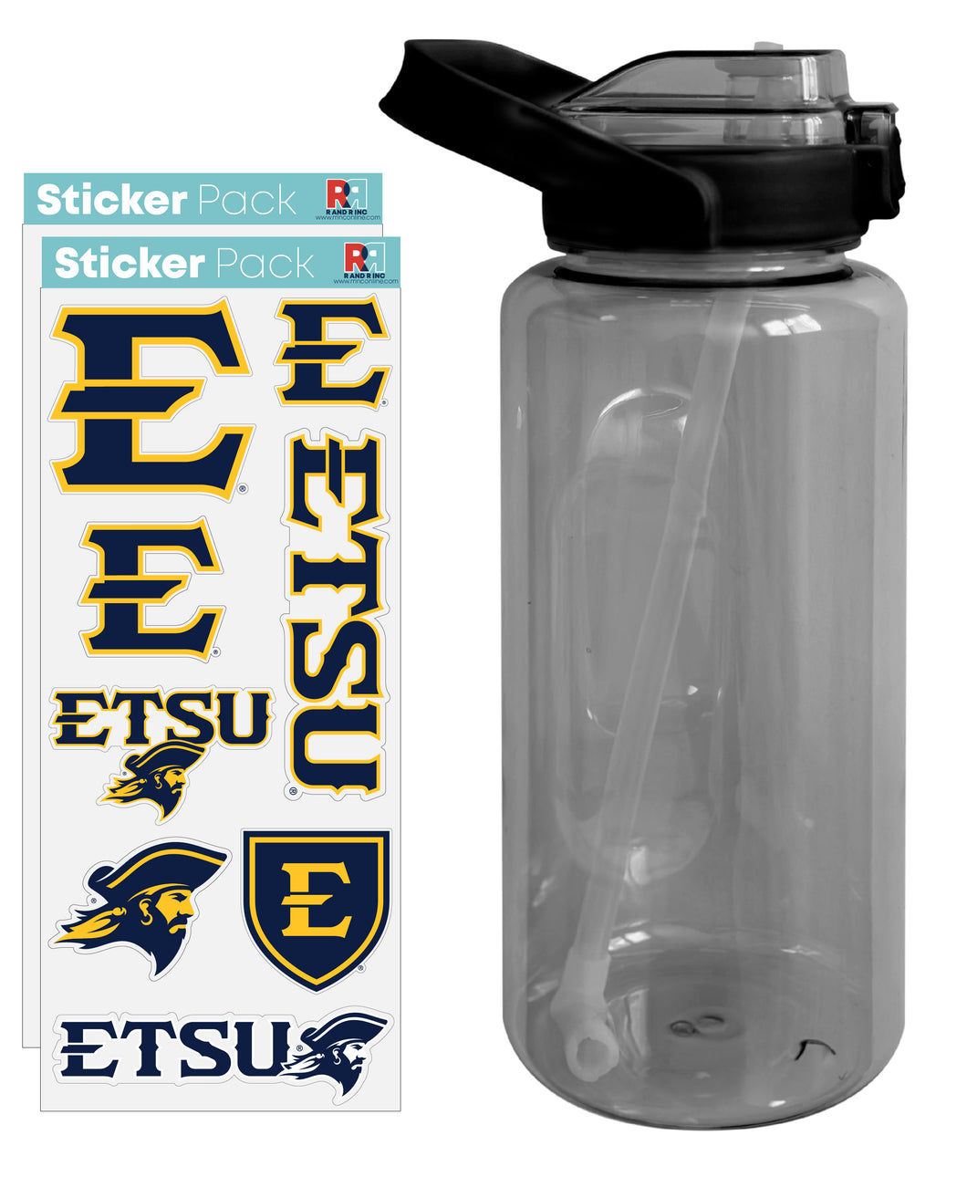 East Tennessee State University Waterproof Stickers with 64 oz Large Water Bottle with Screw-on Top and Straw Officially Licensed Product Single