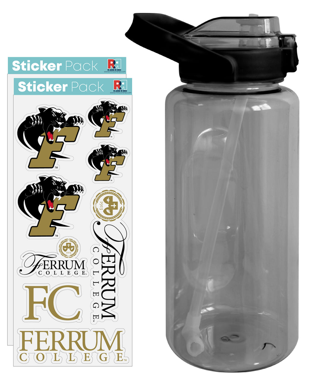 Ferrum College Waterproof Stickers with 64 oz Large Water Bottle with Screw-on Top and Straw Officially Licensed Product Single