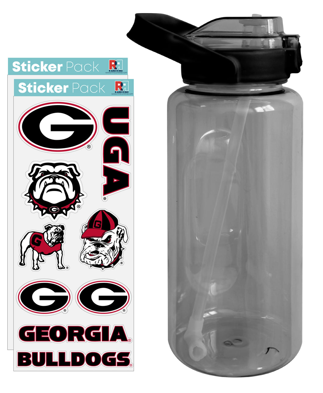 Georgia Bulldogs Waterproof Stickers with 64 oz Large Water Bottle with Screw-on Top and Straw Officially Licensed Product Single