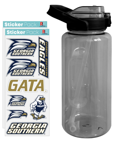 Georgia Southern Eagles Waterproof Stickers with 64 oz Large Water Bottle with Screw-on Top and Straw Officially Licensed Product Single