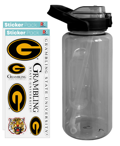 Grambling State Tigers Waterproof Stickers with 64 oz Large Water Bottle with Screw-on Top and Straw Officially Licensed Product Single