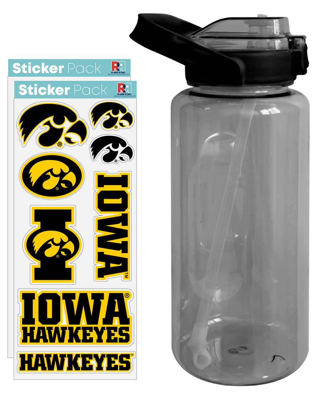 Iowa Hawkeyes Waterproof Stickers with 64 oz Large Water Bottle with Screw-on Top and Straw Officially Licensed Product Single