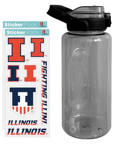 Illinois Fighting Illini Waterproof Stickers with 64 oz Large Water Bottle with Screw-on Top and Straw Officially Licensed Product Single