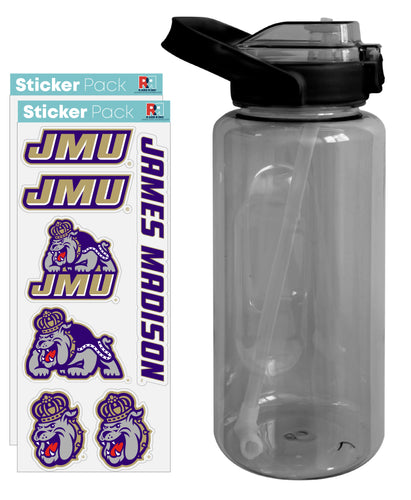 James Madison Dukes Waterproof Stickers with 64 oz Large Water Bottle with Screw-on Top and Straw Officially Licensed Product 2-Pack