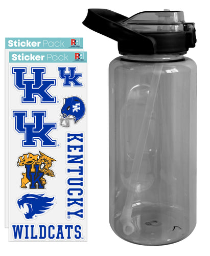 Kentucky Wildcats Waterproof Stickers with 64 oz Large Water Bottle with Screw-on Top and Straw Officially Licensed Product 2-Pack