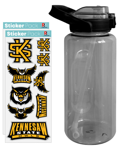 Kennesaw State University Waterproof Stickers with 64 oz Large Water Bottle with Screw-on Top and Straw Officially Licensed Product 2-Pack