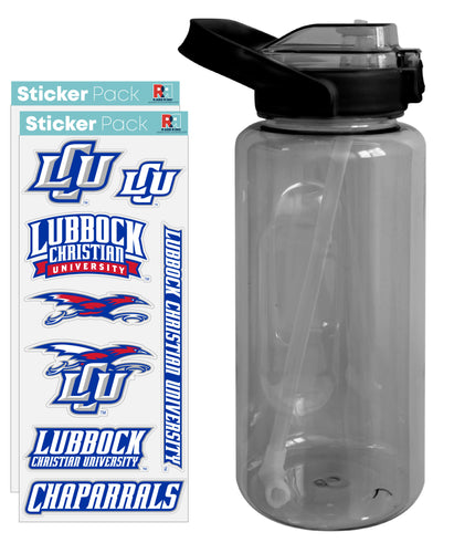 Lubbock Christian University Chaparral Waterproof Stickers with 64 oz Large Water Bottle with Screw-on Top and Straw Officially Licensed Product 2-Pack