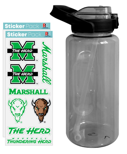 Marshall Thundering Herd Waterproof Stickers with 64 oz Large Water Bottle with Screw-on Top and Straw Officially Licensed Product 2-Pack