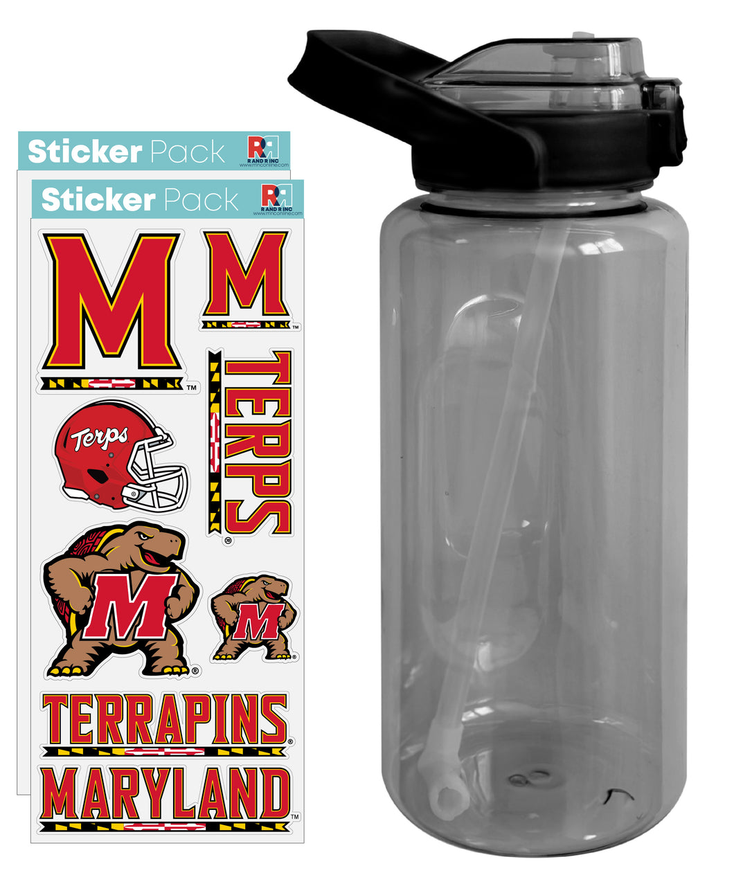 Maryland Terrapins Waterproof Stickers with 64 oz Large Water Bottle with Screw-on Top and Straw Officially Licensed Product 4-Pack