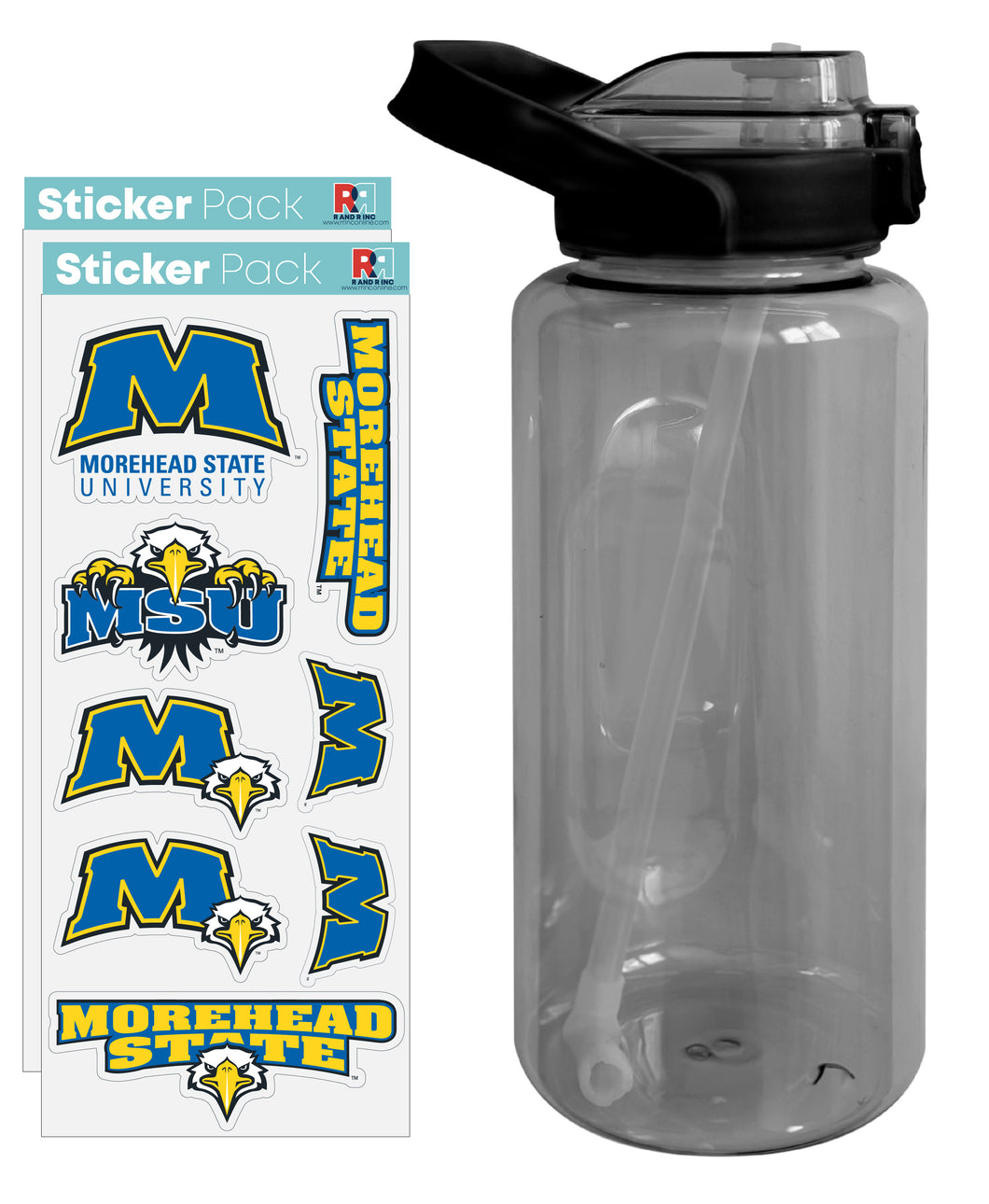 Morehead State University Waterproof Stickers with 64 oz Large Water Bottle with Screw-on Top and Straw Officially Licensed Product 2-Pack