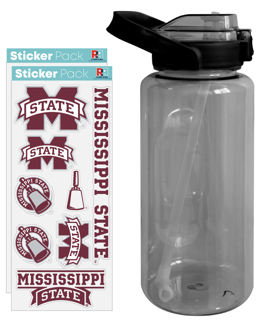 Mississippi State Bulldogs Waterproof Stickers with 64 oz Large Water Bottle with Screw-on Top and Straw Officially Licensed Product Single