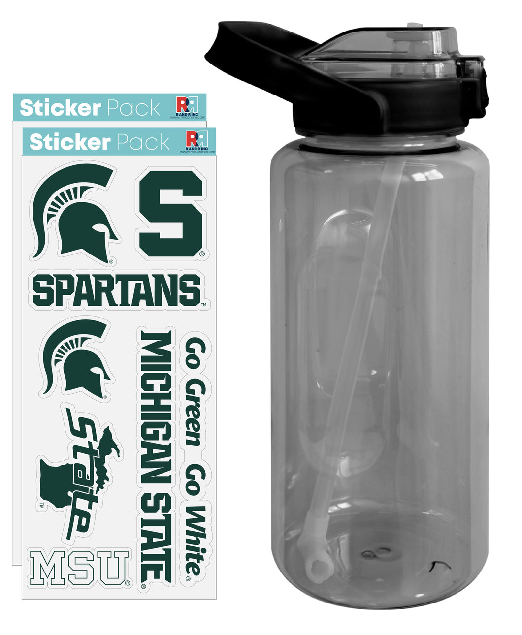 Michigan State Spartans Waterproof Stickers with 64 oz Large Water Bottle with Screw-on Top and Straw Officially Licensed Product Single